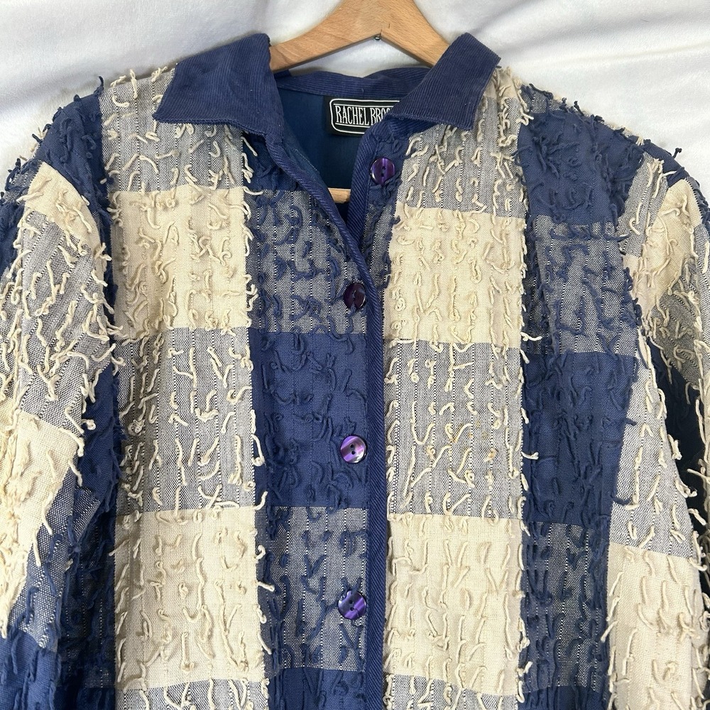 Rachel Brooke Navy Cream Western Cowgirl Plaid Yarn Fringe Button Jacket WomenXL